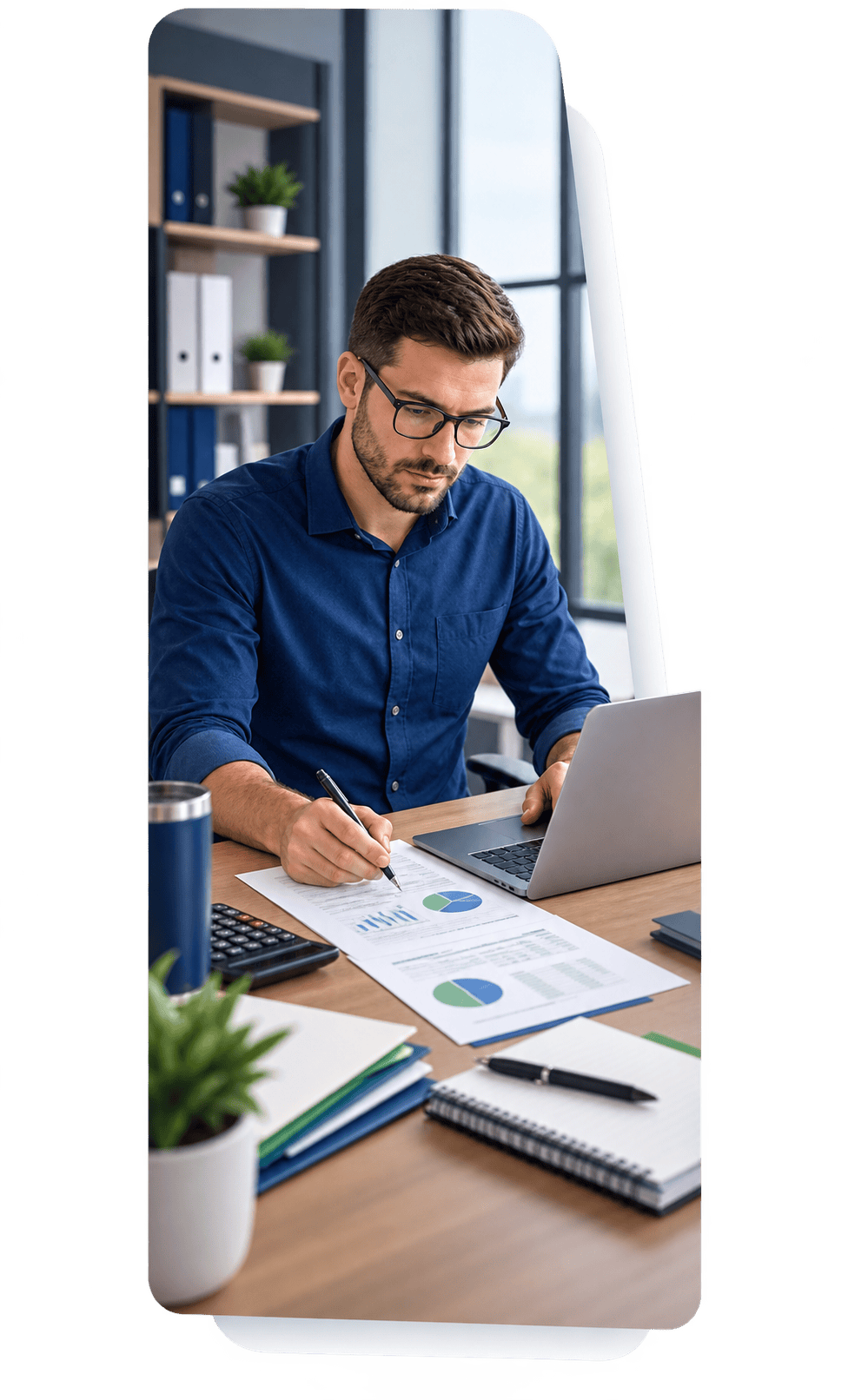 Tax Filing at Desk Navy Shirt