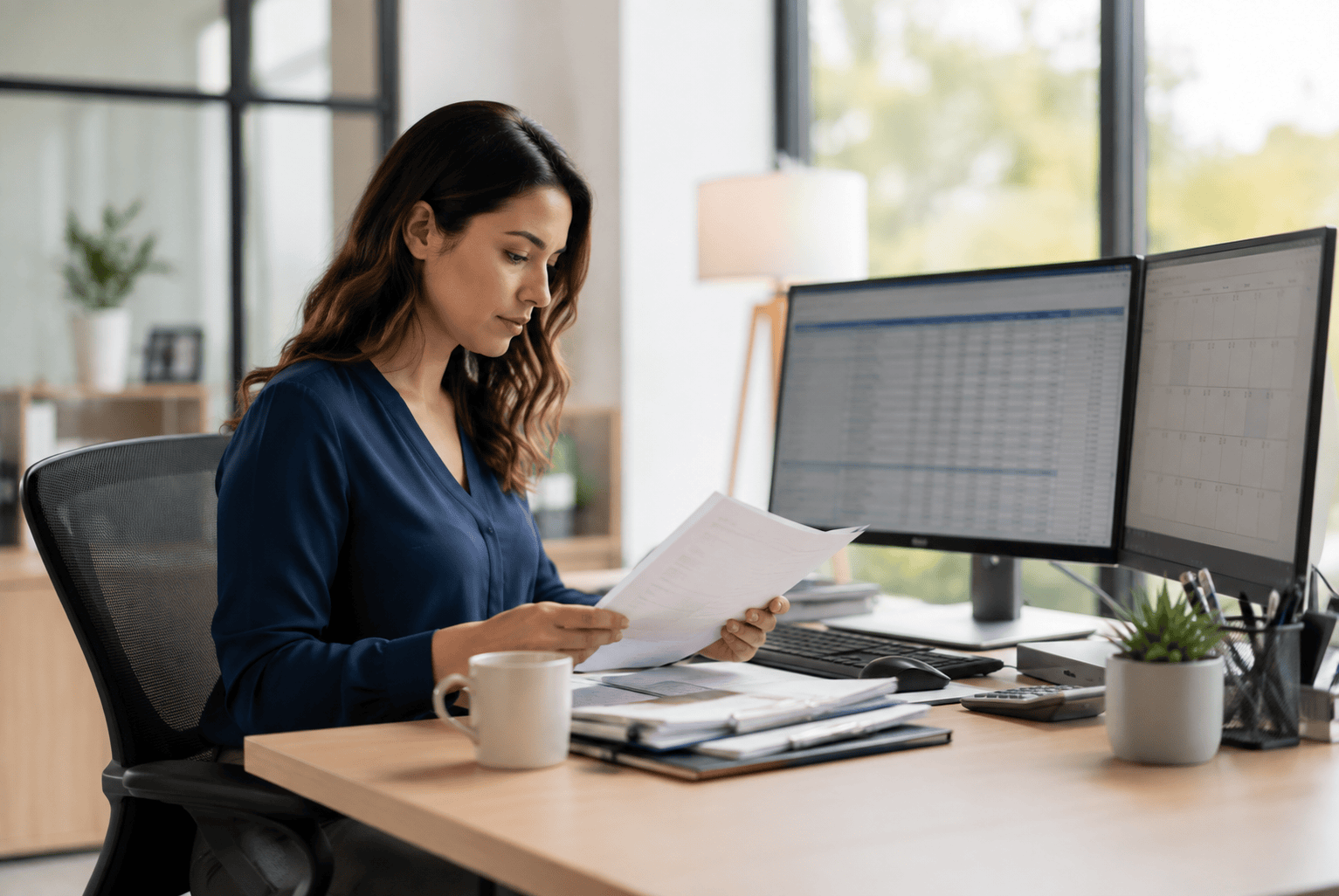 Woman pouring over payroll taxes