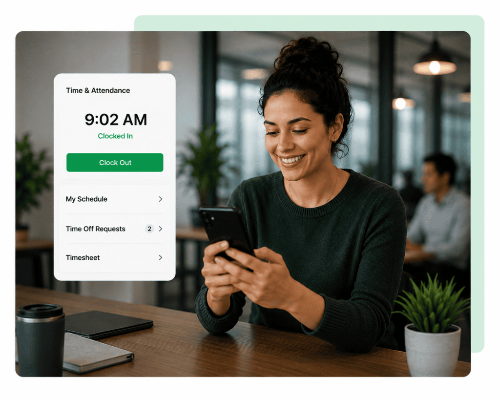 Woman clocking out on her phone time and attendance