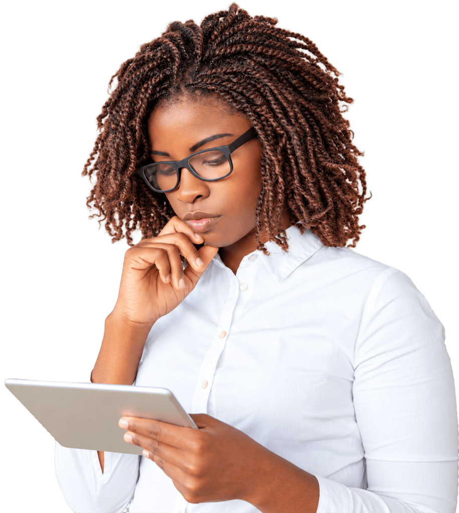 Thoughtful Woman Reading Tablet
